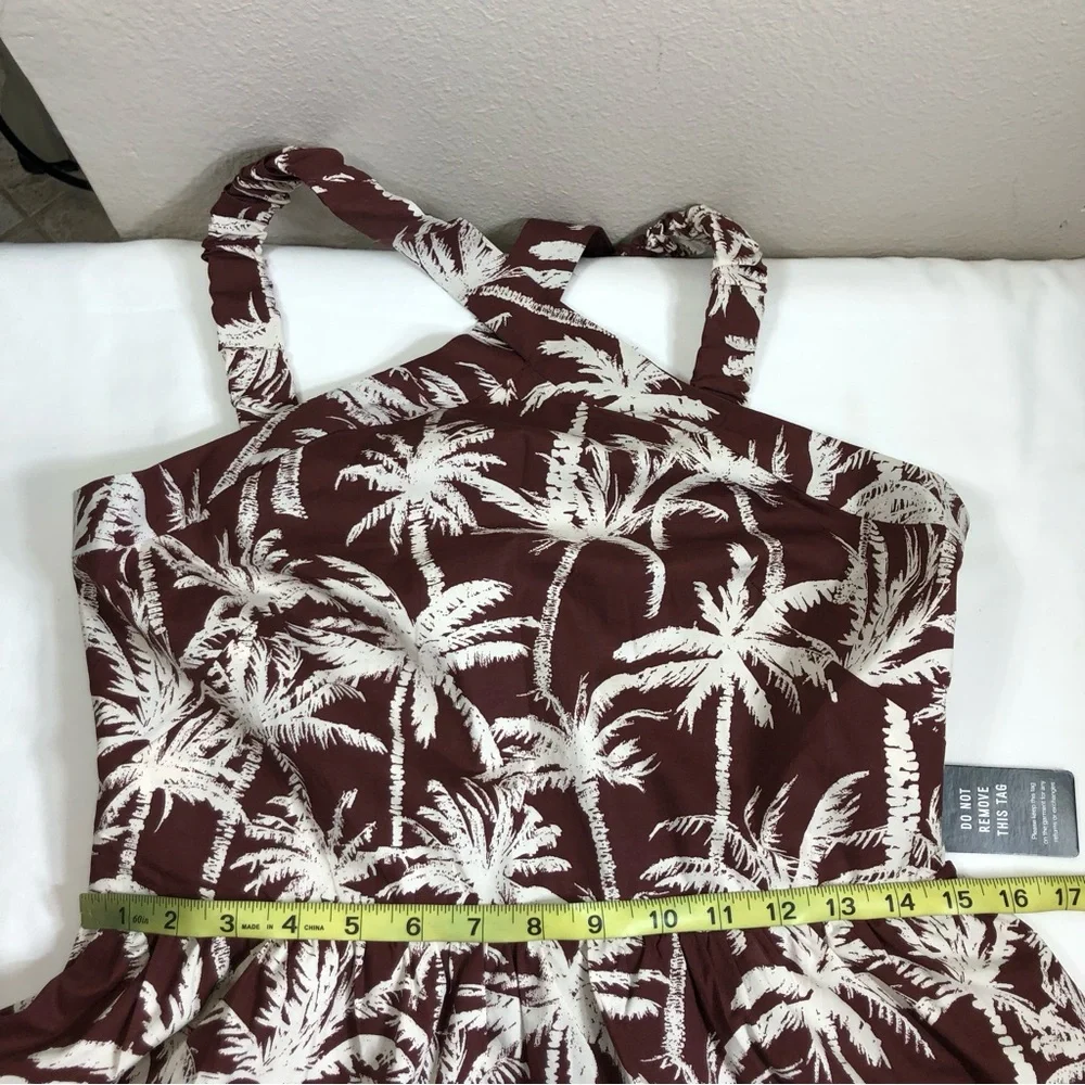 Express Cotton Blend Brown White Tropical Halter Neck Summer Brunch Midi Dress M - Picture 13 of 15